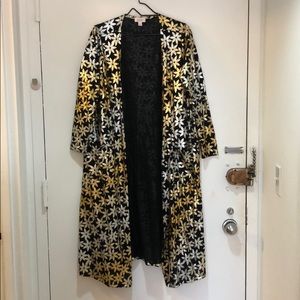 LulaRoe Silver/Gold Flowers Long Sleeve Cardigan